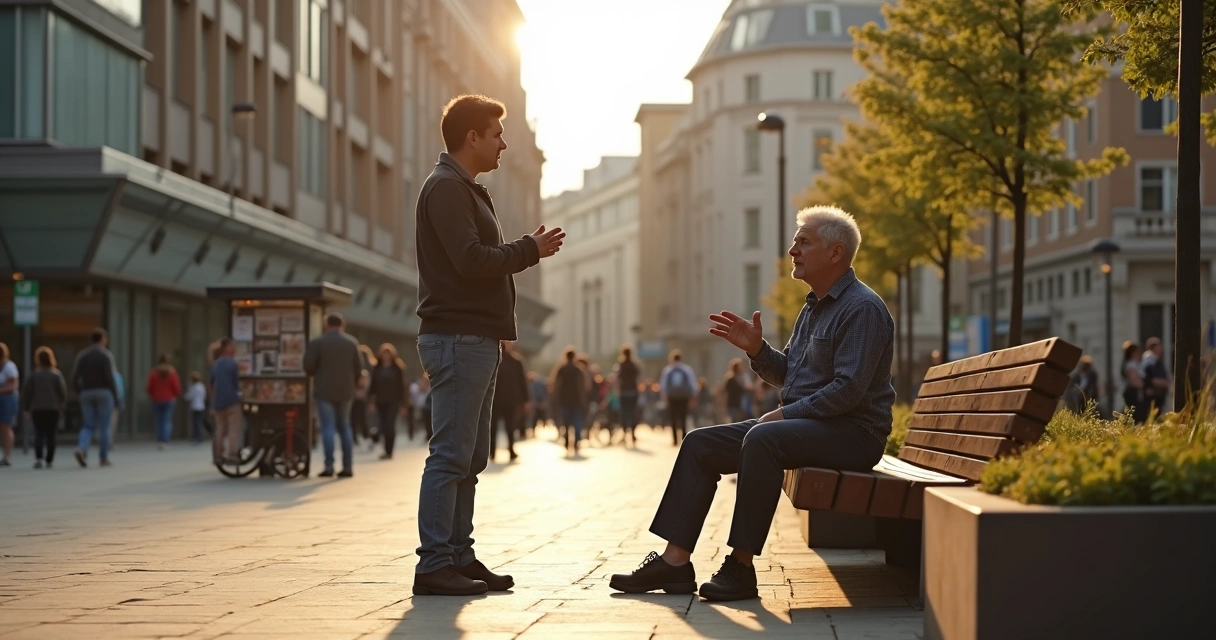 Pessoa em banco de praça urbana ouvindo atentamente outra pessoa em pé ao lado 