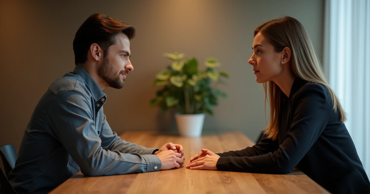 Duas pessoas dialogando sentadas em uma mesa, foco em escuta atenta 