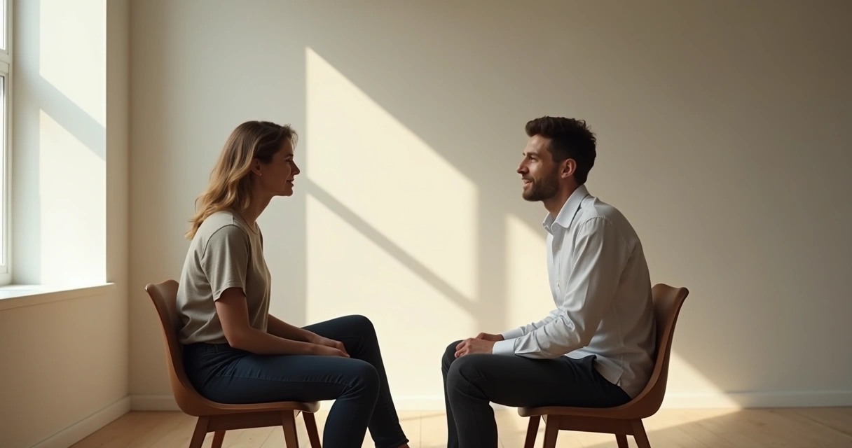 Duas pessoas sentadas em uma sala conversando de forma calma e respeitosa