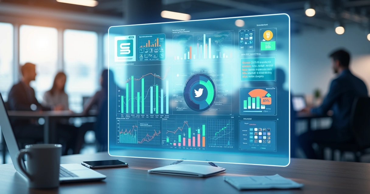 Painel digital com gráficos de redes sociais integrados a CRM mostrando dados de vendas B2B 