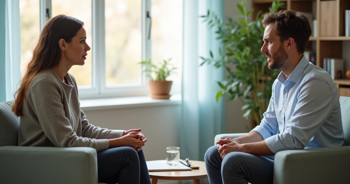 Terapeuta e paciente em conversa acolhedora no consultório 
