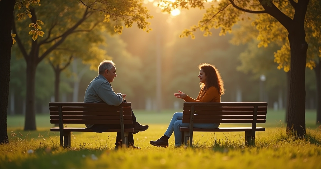 Pessoa escutando atenta outra pessoa em um parque arborizado