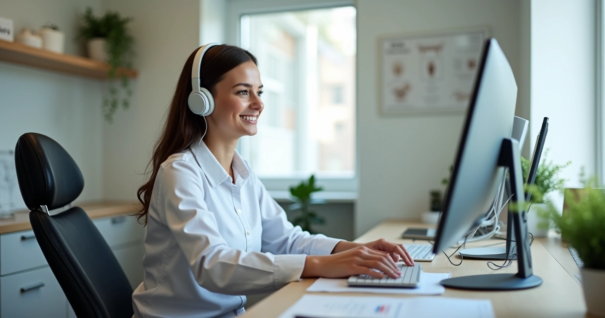 Funcionária de clínica ouve podcast no fone enquanto trabalha na recepção 
