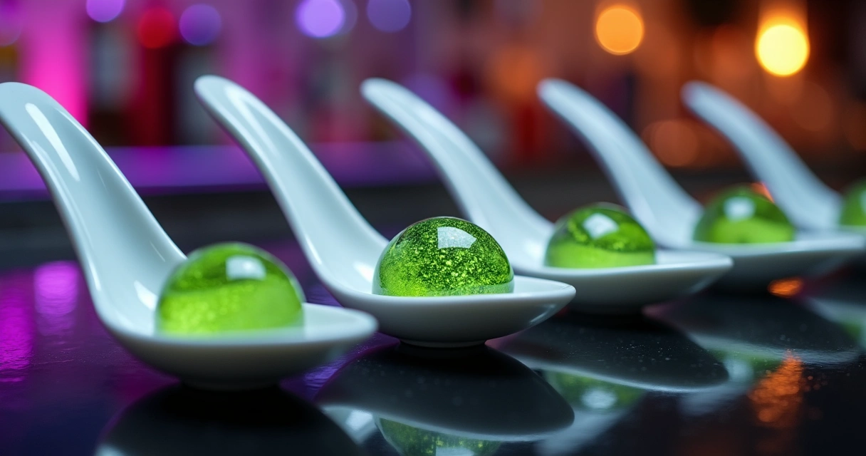 Colheres brancas com esferas verdes de caviar alcoólico sobre superfície escura