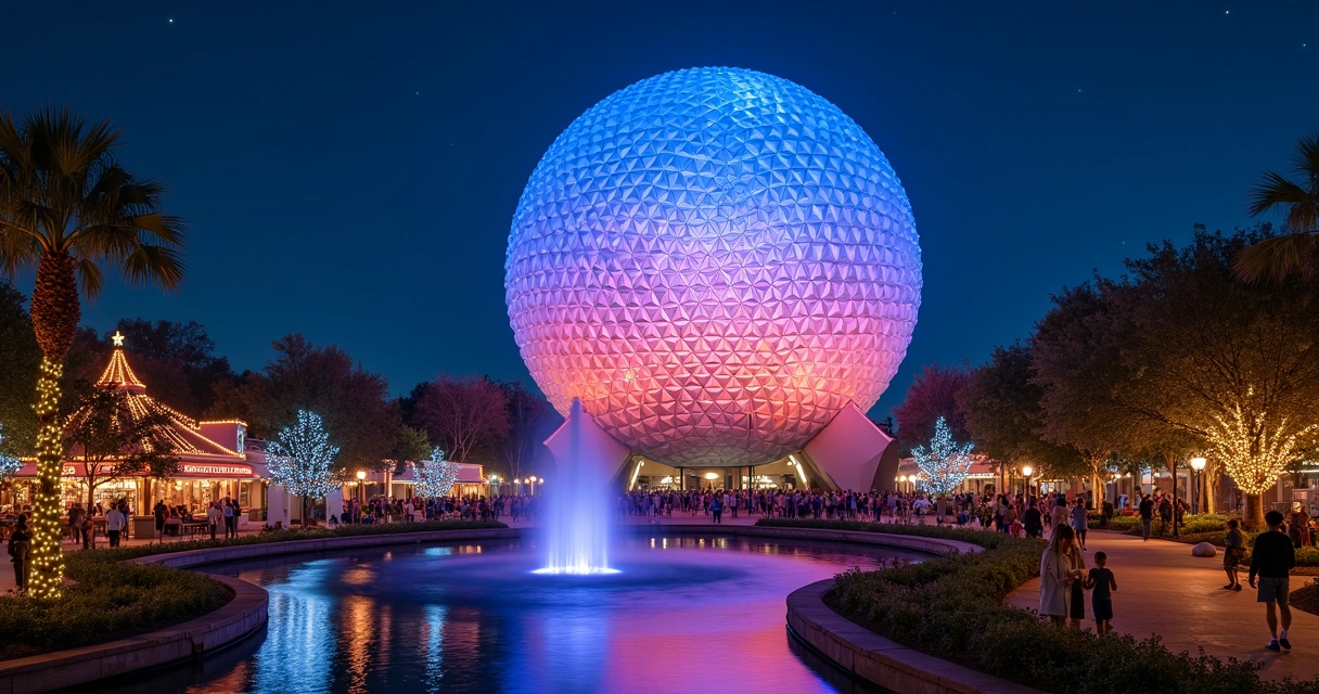 Esfera do Epcot iluminada à noite, céu azul escuro 