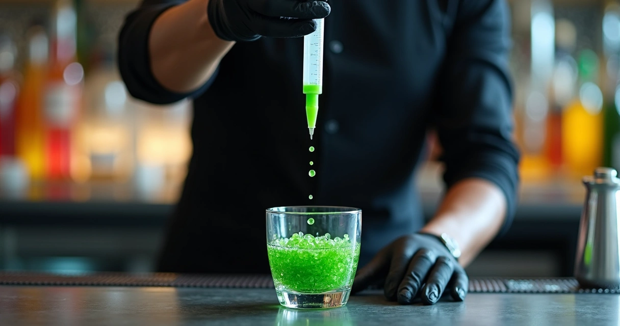 Bartender preparando esferas verdes de caviar alcoólico com seringa