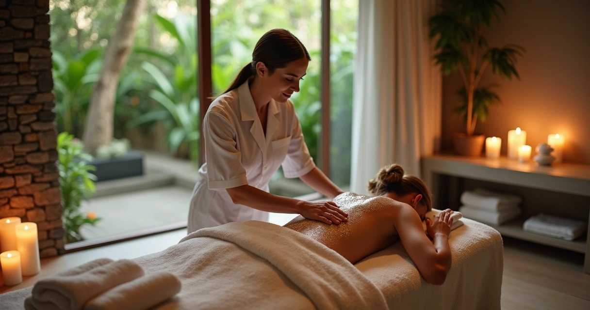 Profissional aplicando esfoliante em cliente em ambiente de spa 