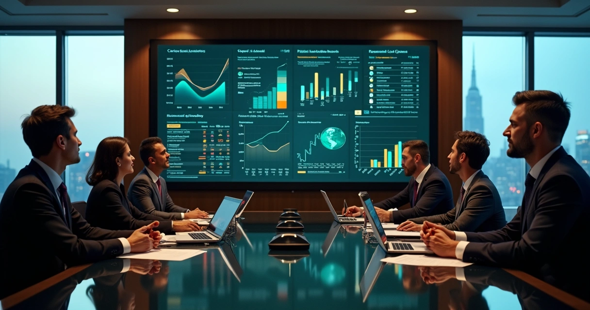 Executivos analisando painel digital com indicadores de ESG e gráficos de custo em 2026 