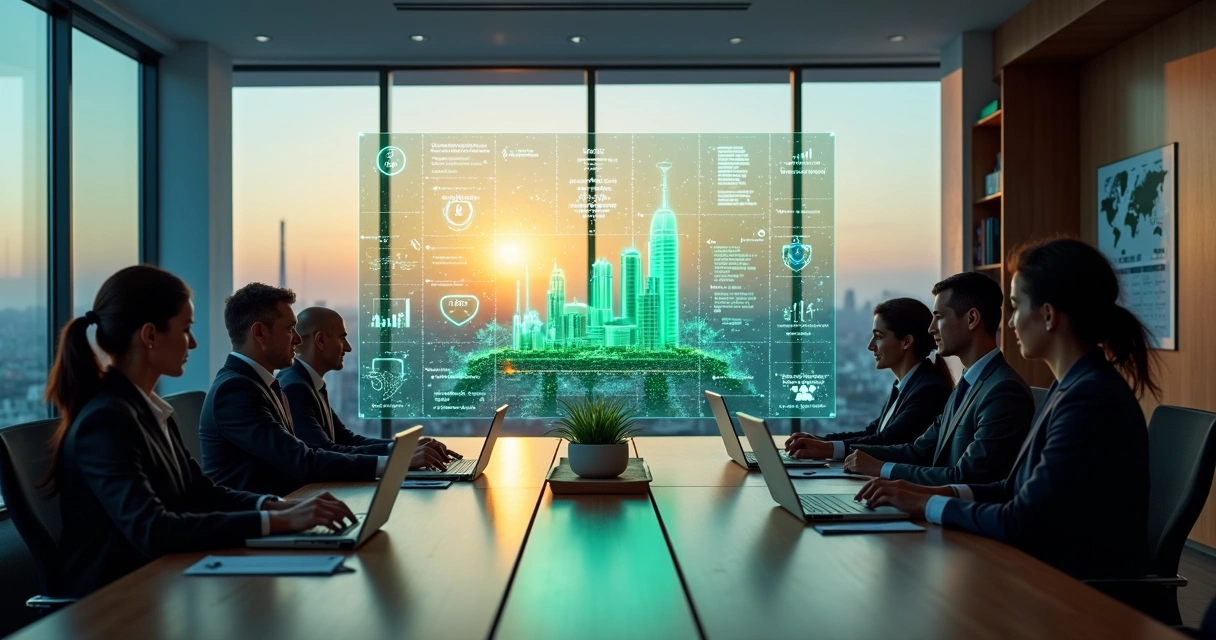 Executives analyzing ESG compliance charts with sustainability icons over a city skyline 