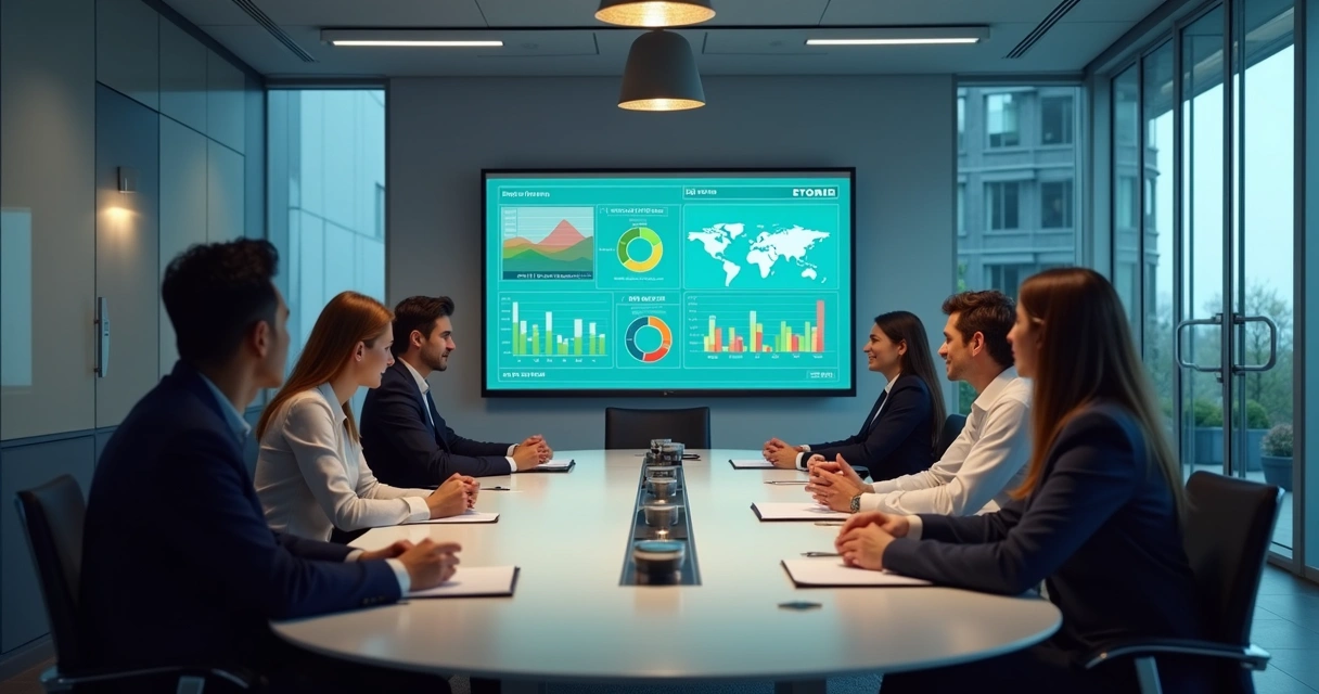 Diretoria reunida analisando índice ESG em relatório digital