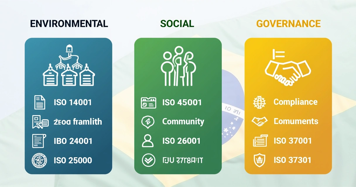 Quadro ilustrando separação entre pilares ambiental, social e governança, com setas apontando normas relacionadas a ESG 