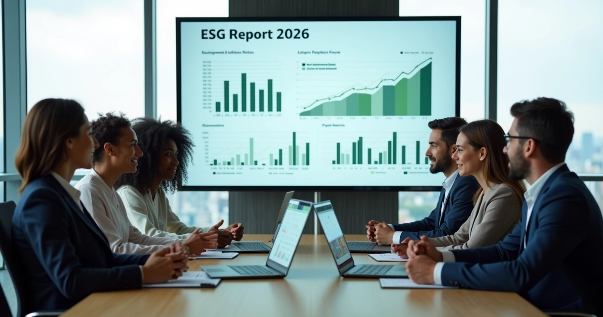 Executives reviewing ESG report dashboards in a modern conference room 