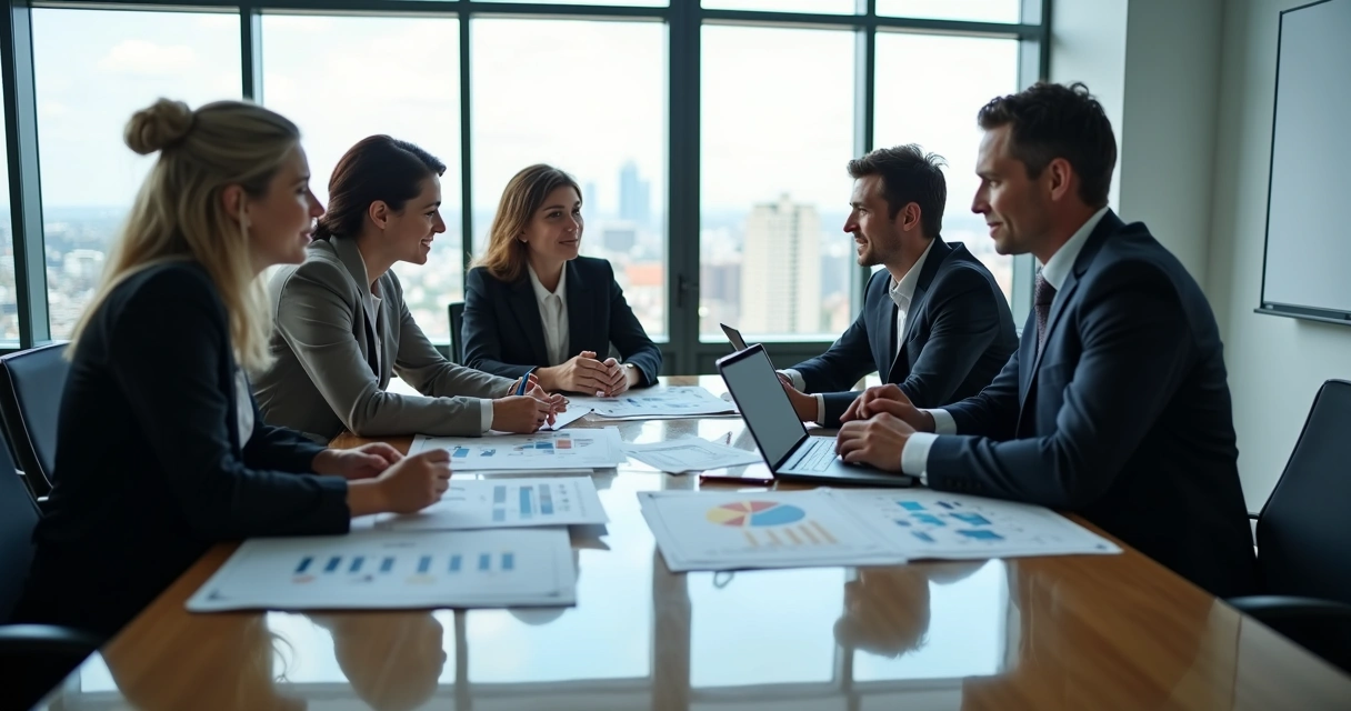 Team collaborating on ESG reporting at a large table with charts and documents 