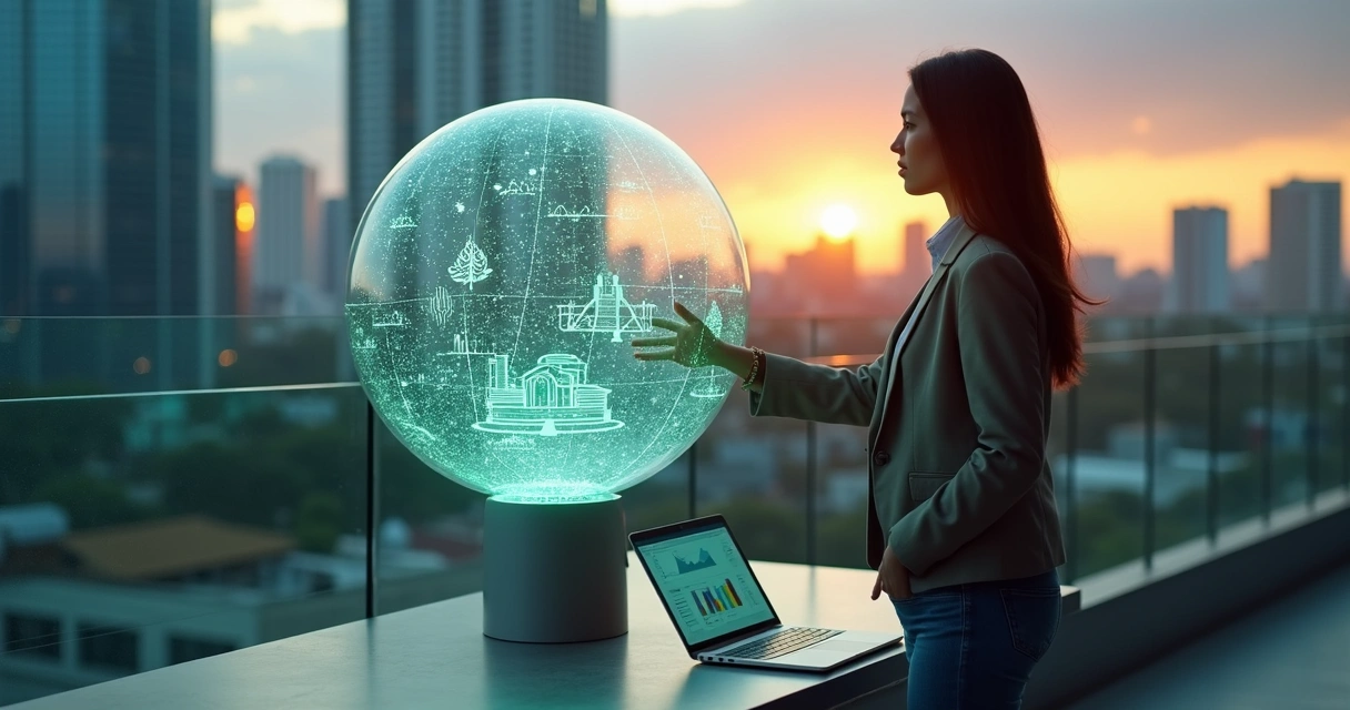 Fundadora de startup equilibrando esfera luminosa com ícones de ESG e tecnologia 