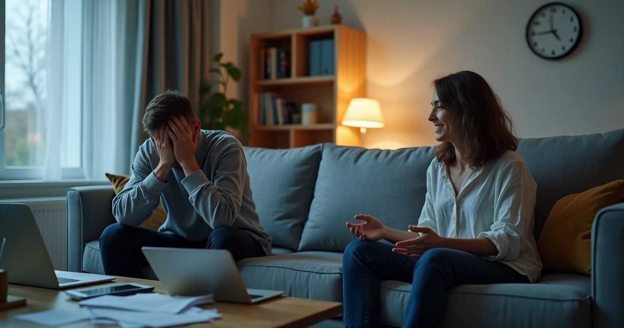Pessoa exausta em sofá enquanto outra tenta conversar ao lado 
