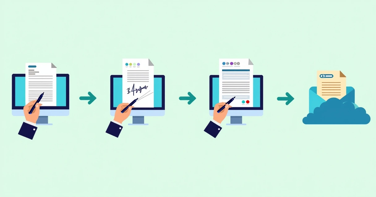 Step-by-step illustration showing uploading a file, adding signature, sending for signing, and tracking document status. 