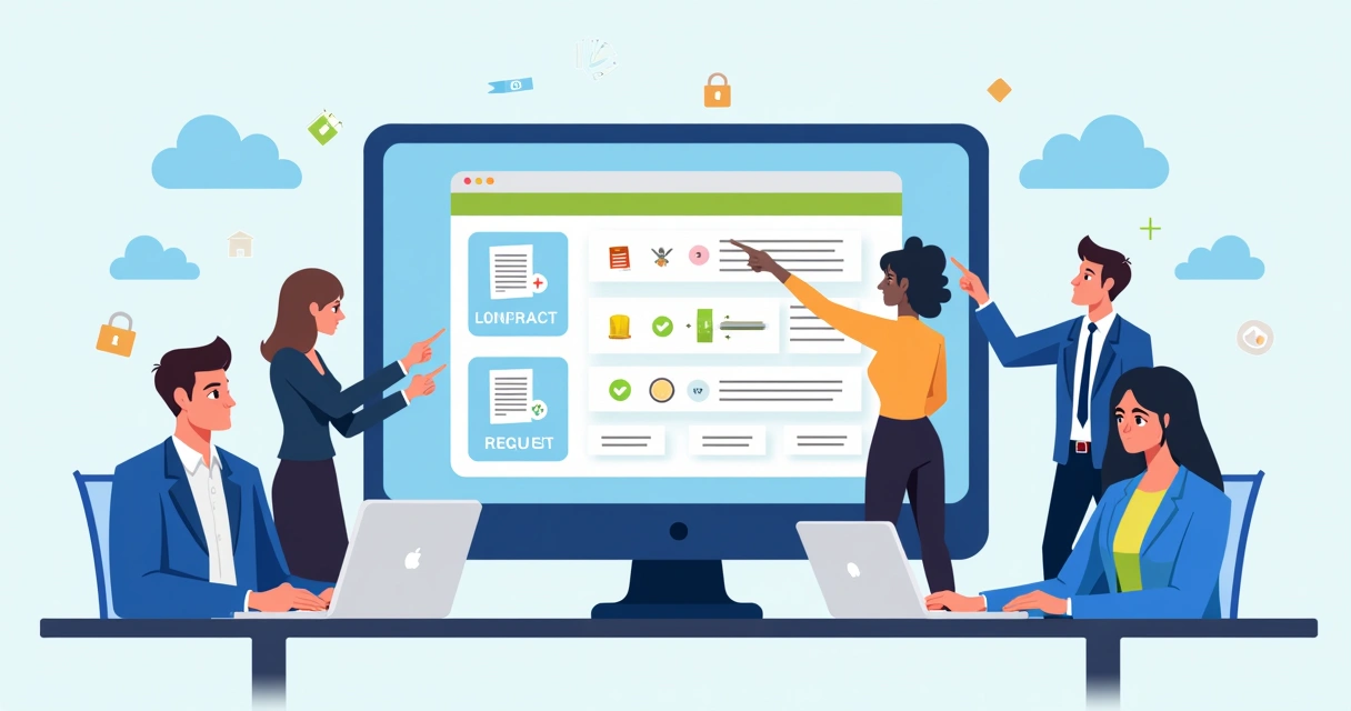 Digital workflow board with contracts and signature steps 