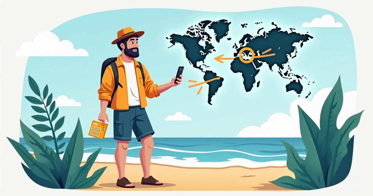 Turista ativando eSIM no celular com mapa de fundo 