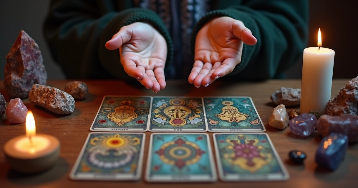 Mesa esotérica com cartas de tarot, cristais e mãos canalizando energia 