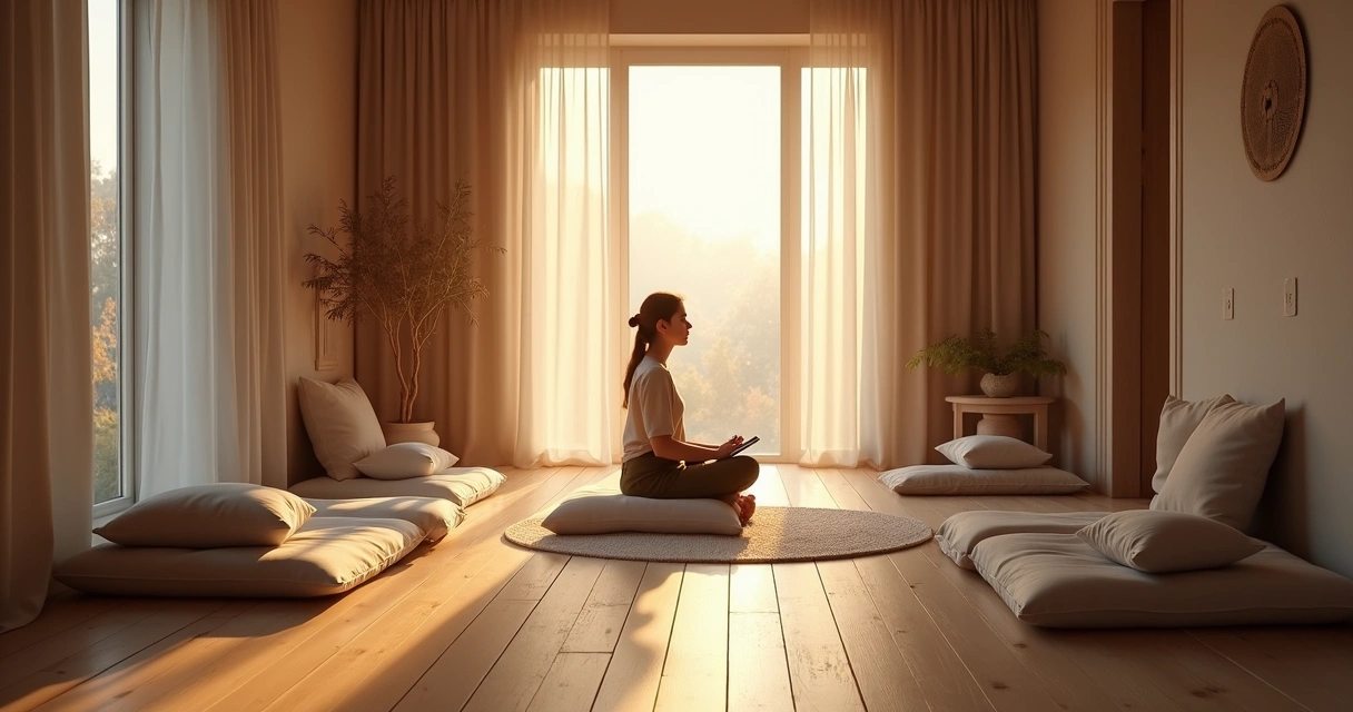 Espacio silencioso con cojines, luz tenue y persona reflexionando