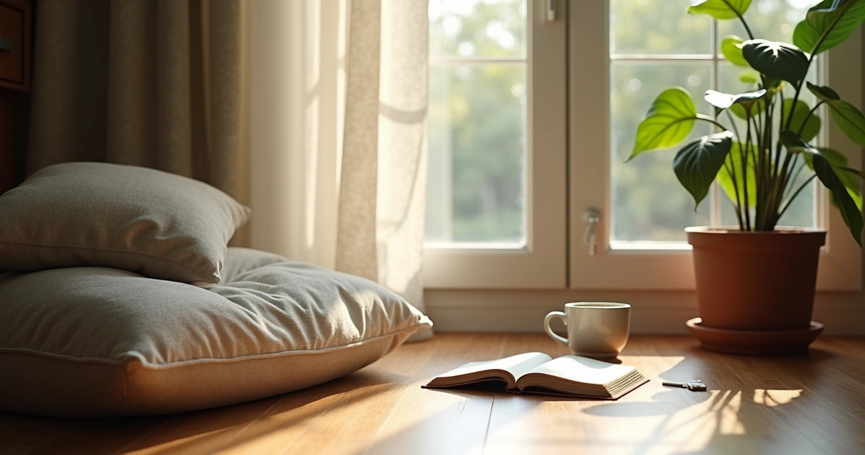 Rincón tranquilo en una casa con luz suave y elementos para autoobservación, como cojín y diario 