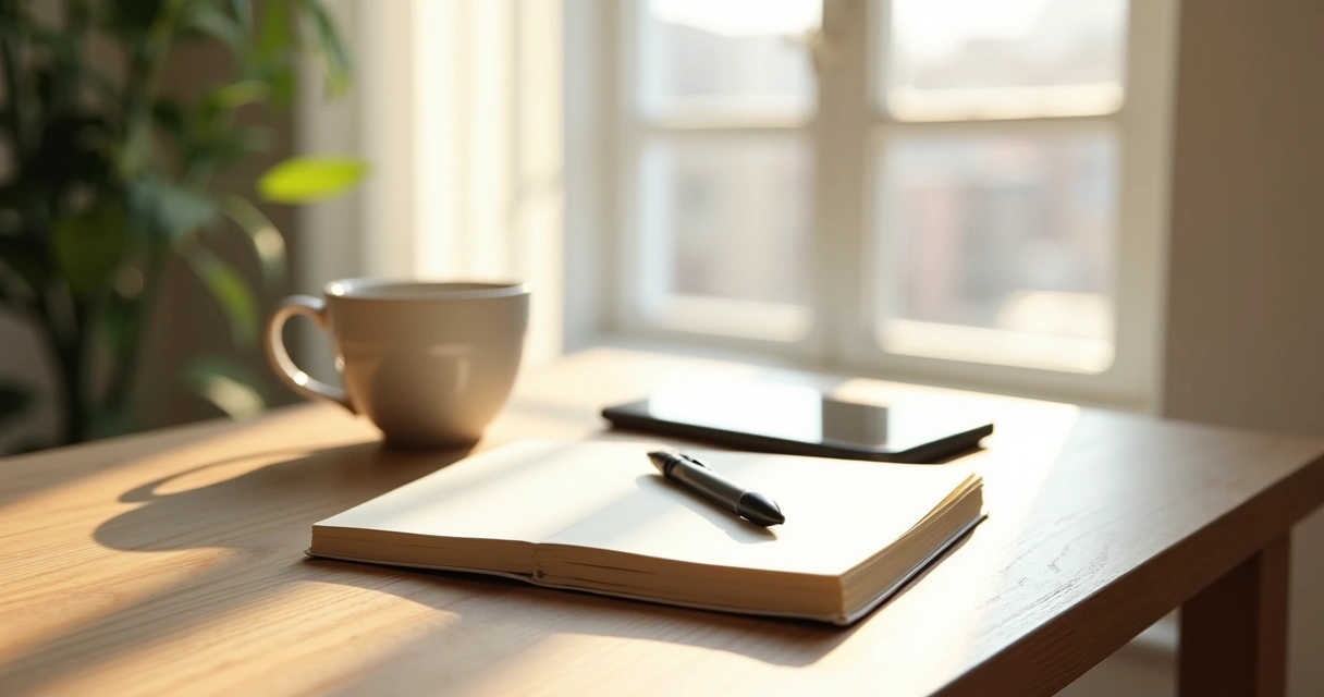 Escritorio ordenado con libreta, taza y teléfono boca abajo junto a una ventana 