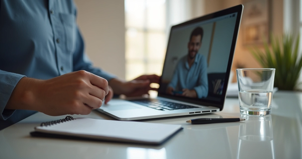 Persona organizando su escritorio antes de una videollamada 