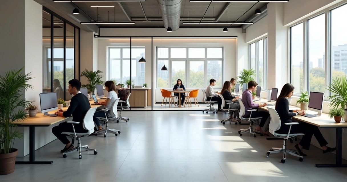 Oficina moderna compartida con personas trabajando en escritorios 