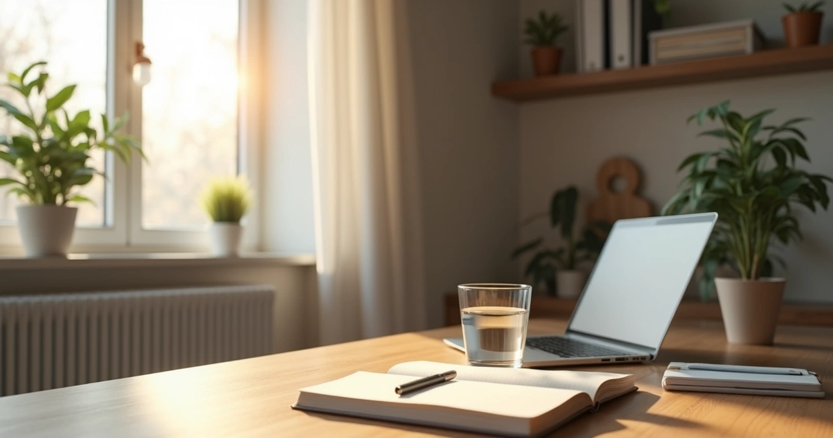 Escritorio ordenado con luz natural y libreta abierta