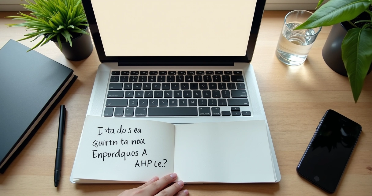 Escritorio con portátil, libreta y pausa consciente sin notificaciones 