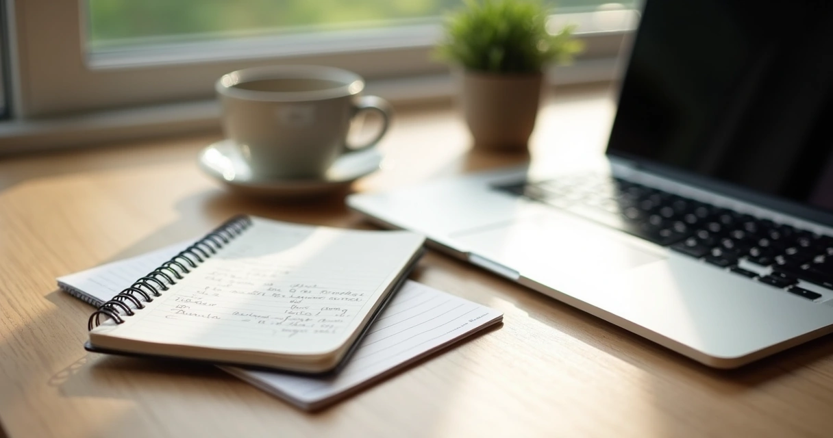 Escritorio ordenado con portátil, cuaderno y taza junto a una planta