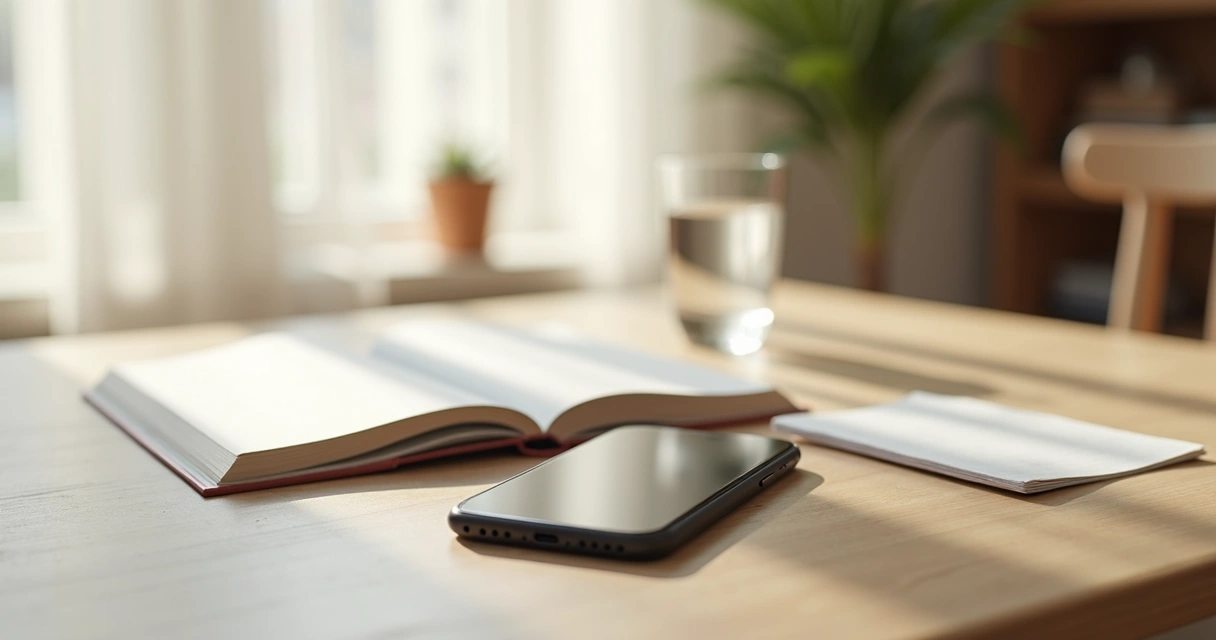 Escritorio con teléfono apagado, libreta y luz natural