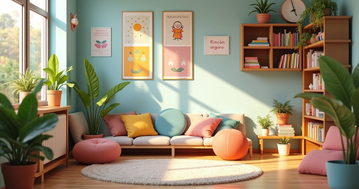 Espacio escolar de apoyo emocional con cojines y libros 