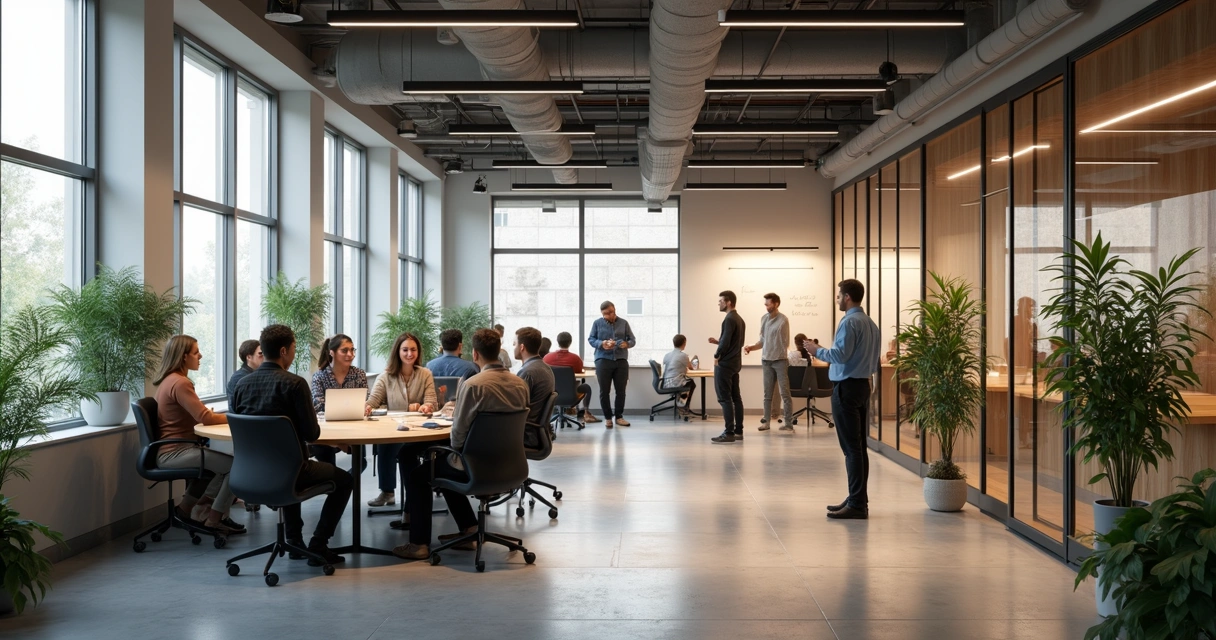 Zona colaborativa de oficina moderna con empleados interactuando en mesas redondas 