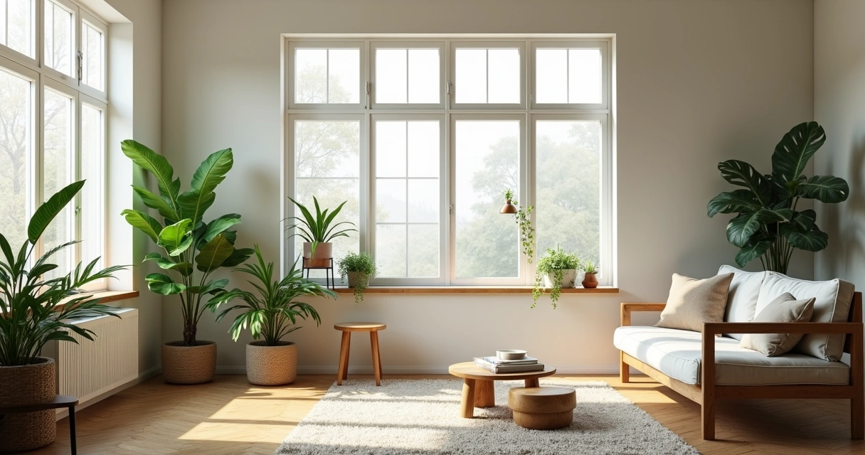 Sala minimalista con plantas y luz natural