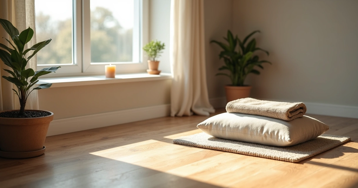 Esquina tranquila preparada para meditar con un cojín 