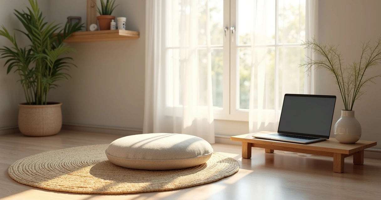 Rincón de hogar con alfombra y cojín de meditación 