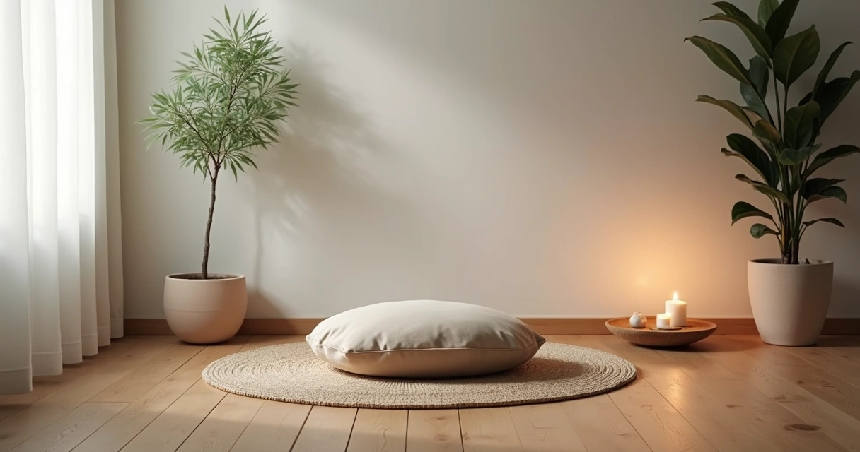 Espacio ordenado para meditación en casa con luz suave y cojín sobre el suelo.