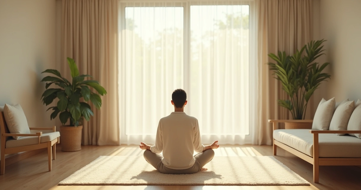 Persona sentada sola meditando en una habitación tranquila con luz natural 