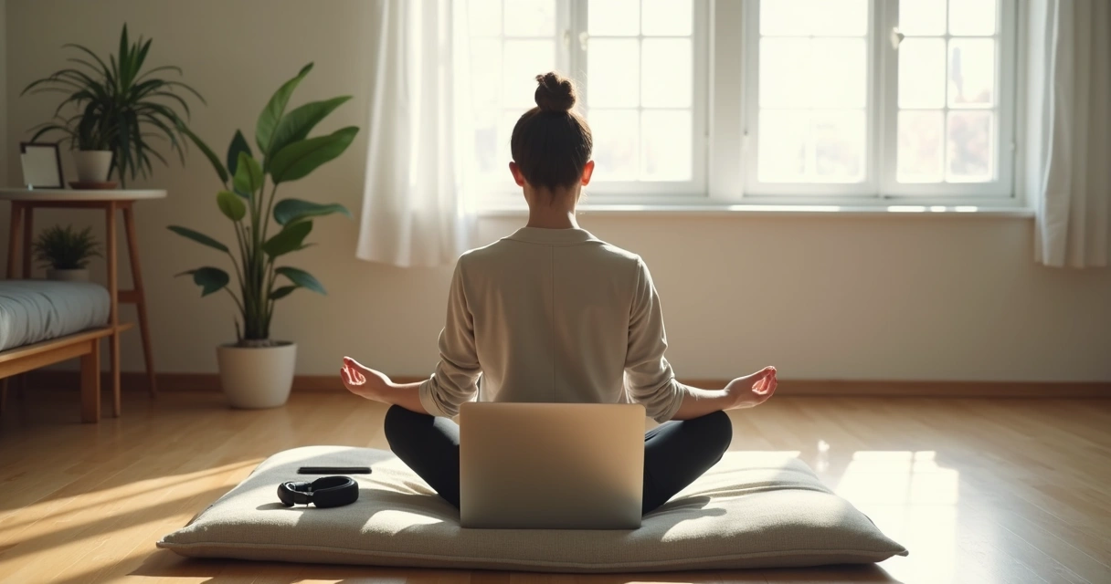 Persona sentada frente a una laptop en un espacio tranquilo para meditar