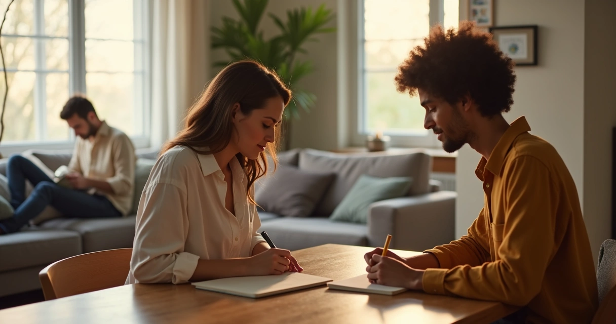 Persona escribiendo sola mientras su pareja descansa en otra habitación 