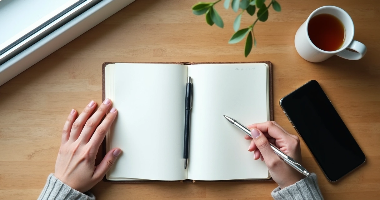 Persona escribiendo sus límites en un cuaderno junto a una taza de té