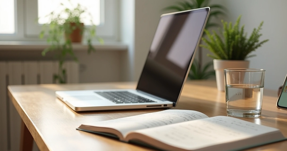Escritorio de teletrabajo con luz natural y libreta abierta 
