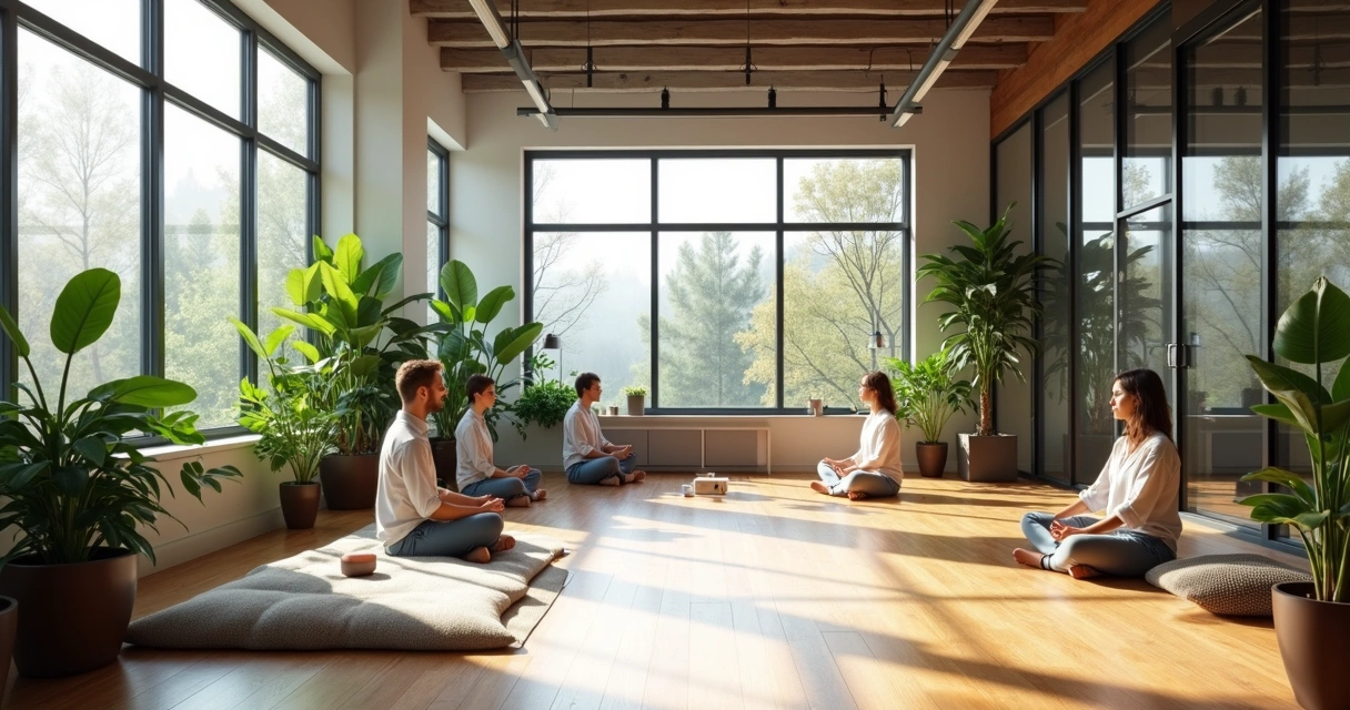Oficina moderna con plantas y espacio para meditación