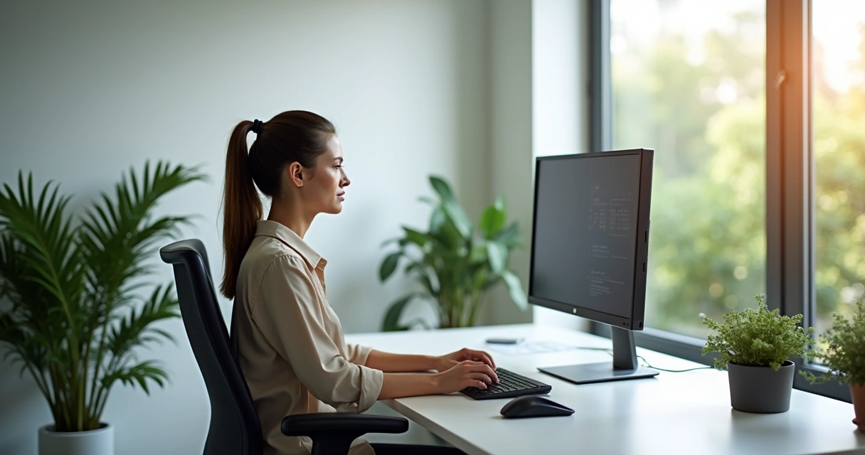 Puesto de trabajo con silla, pantalla y postura correcta en oficina 
