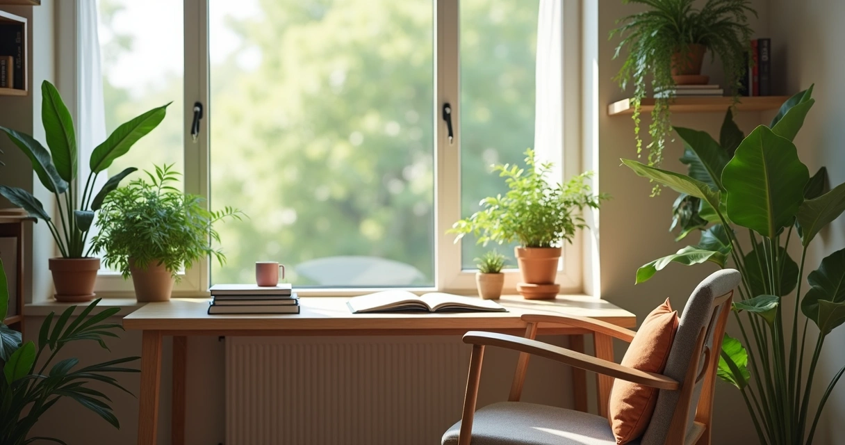Lugar de trabajo con luz natural y plantas 