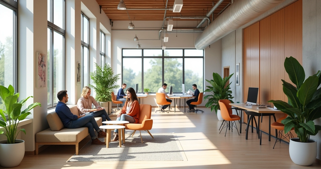 Oficina moderna con colores suaves, luz natural y espacio cómodo de descanso 