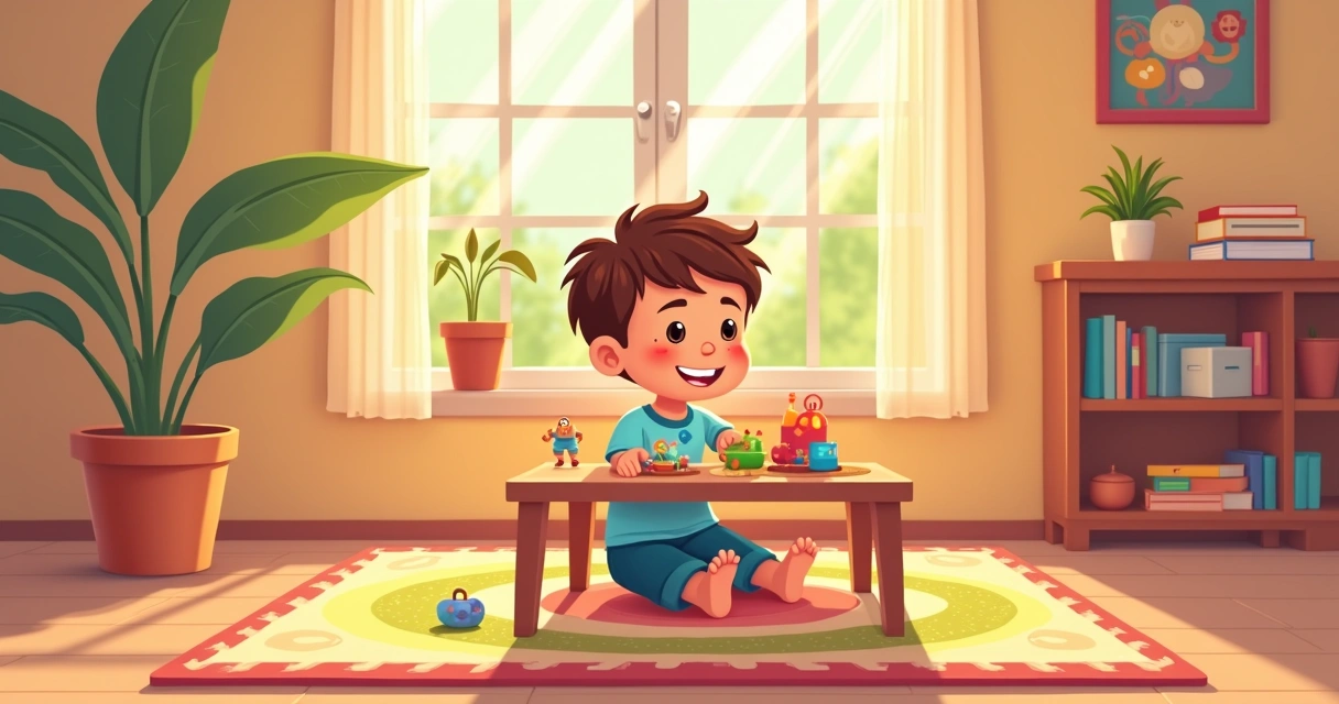 Menino sentado em um tapete colorido, brincando com blocos ao lado de uma mesa infantil em um ambiente com muita luz natural 