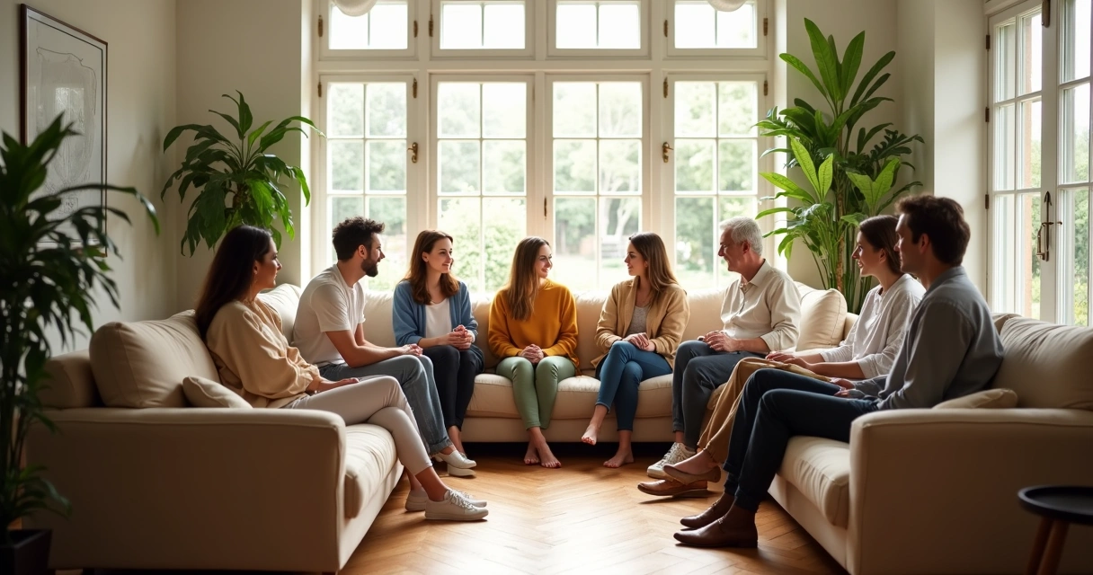 Sala acolhedora com ambiente moderno para grupo de coaching, sofás confortáveis, pessoas conversando e luz natural. 