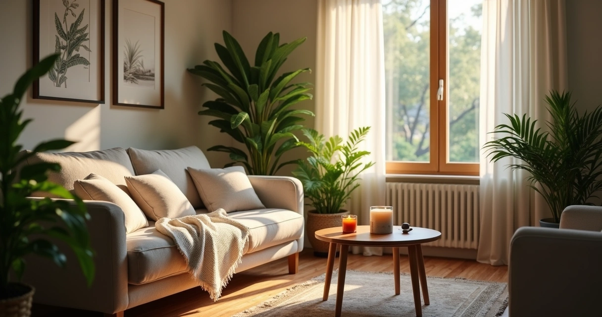 Sala de estar aconchegante com plantas e almofadas, luz suave 